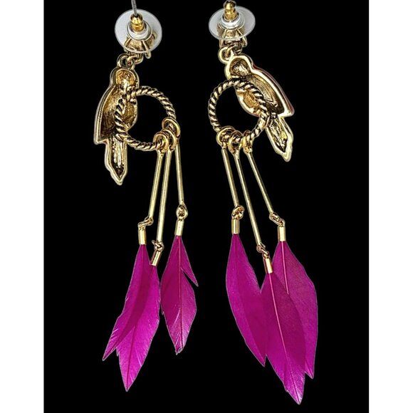 Parrot Statement Earrings Hot Pink Feathers Bird Gold-Tone Dangle Betsey Johnson - Picture 5 of 8